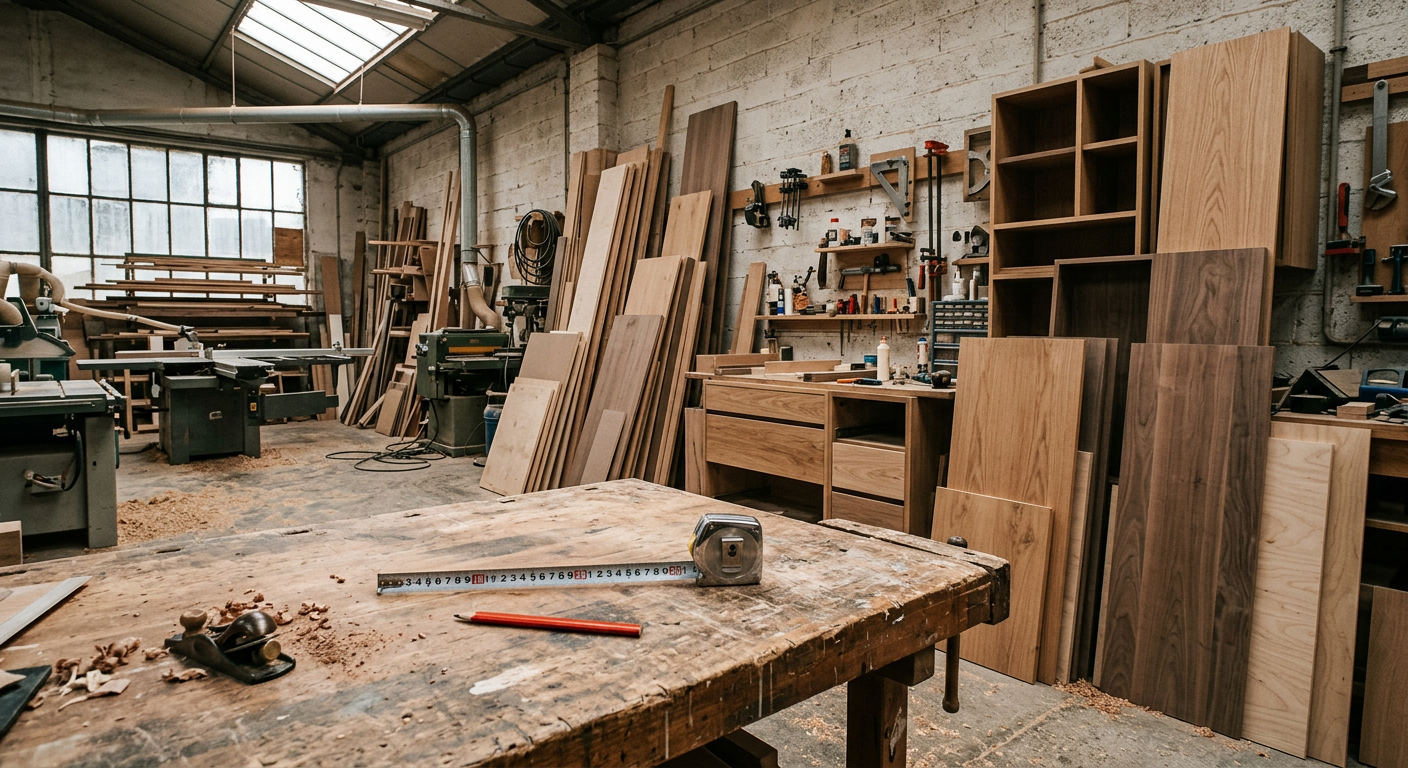 Atelier d'agencement avec panneaux de bois et plan de travail
