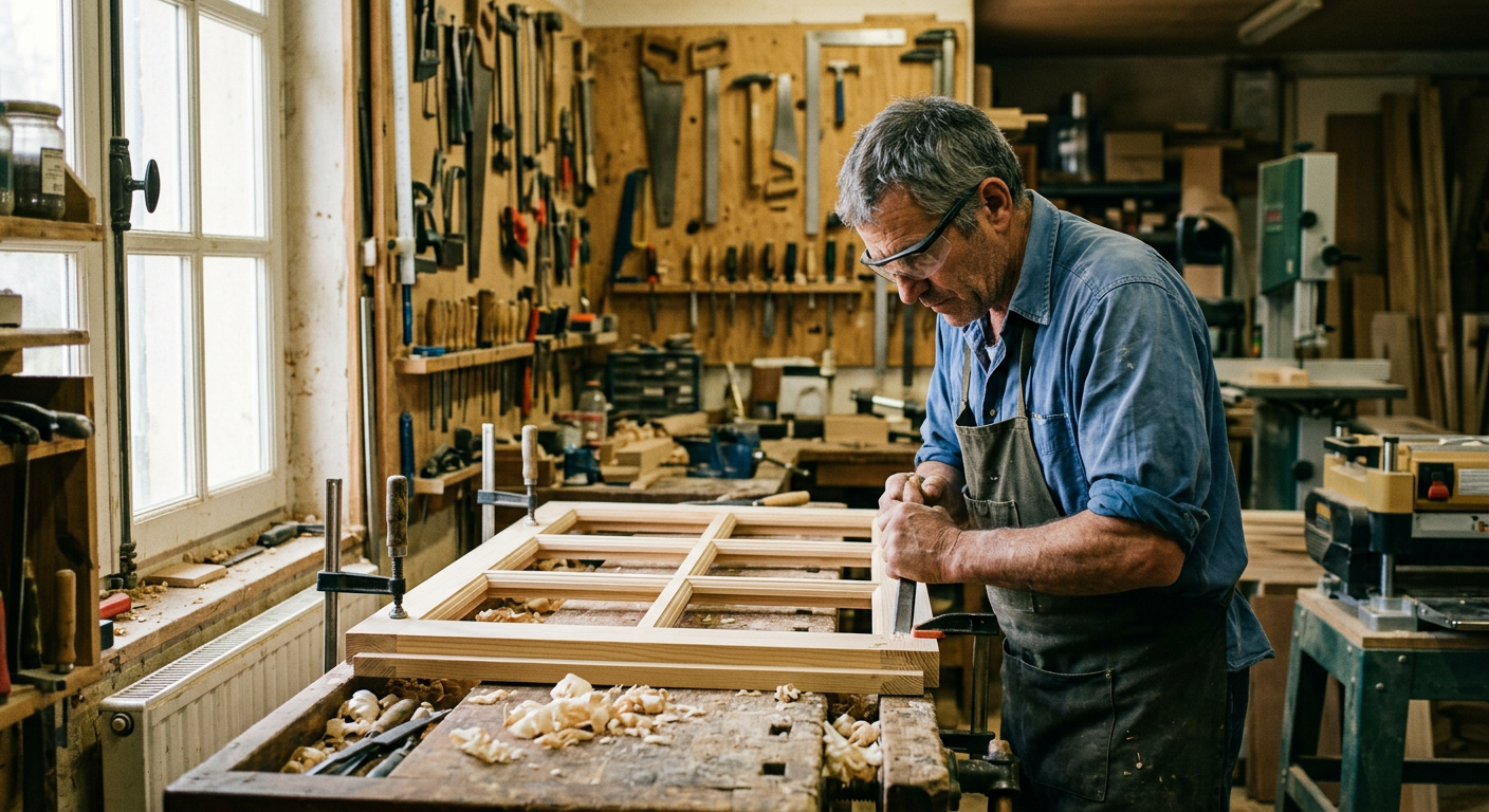 Menuisier à l'établi dans son atelier