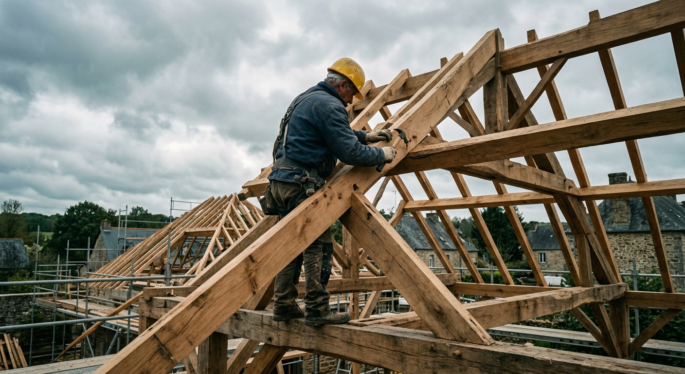 Charpentier posant une ferme de toiture sur un chantier